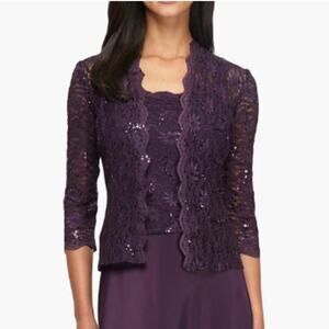 Alex Evenings Lace Jacket Women's Plus 20W Purple 3/4 Sleeves Sequin Scalloped